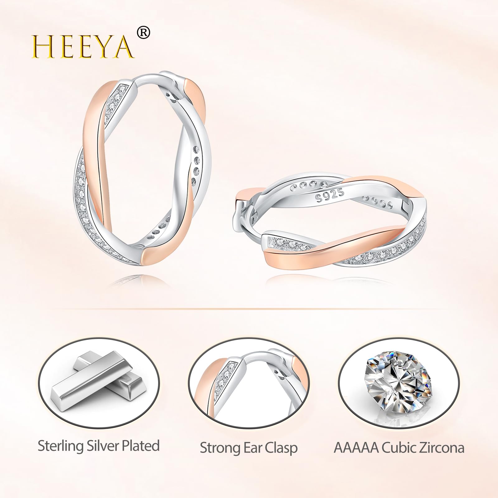 HEEYA Sterling Silver Plated Hoop Earrings for Women & Girls - Lightweight Twisted Hoop Earrings with Cubic Zirconia | Hypoallergenic Silver/Gold/Rose Gold Jewelry Gift | Perfect for Everyday Wear, Parties & Special Occasions