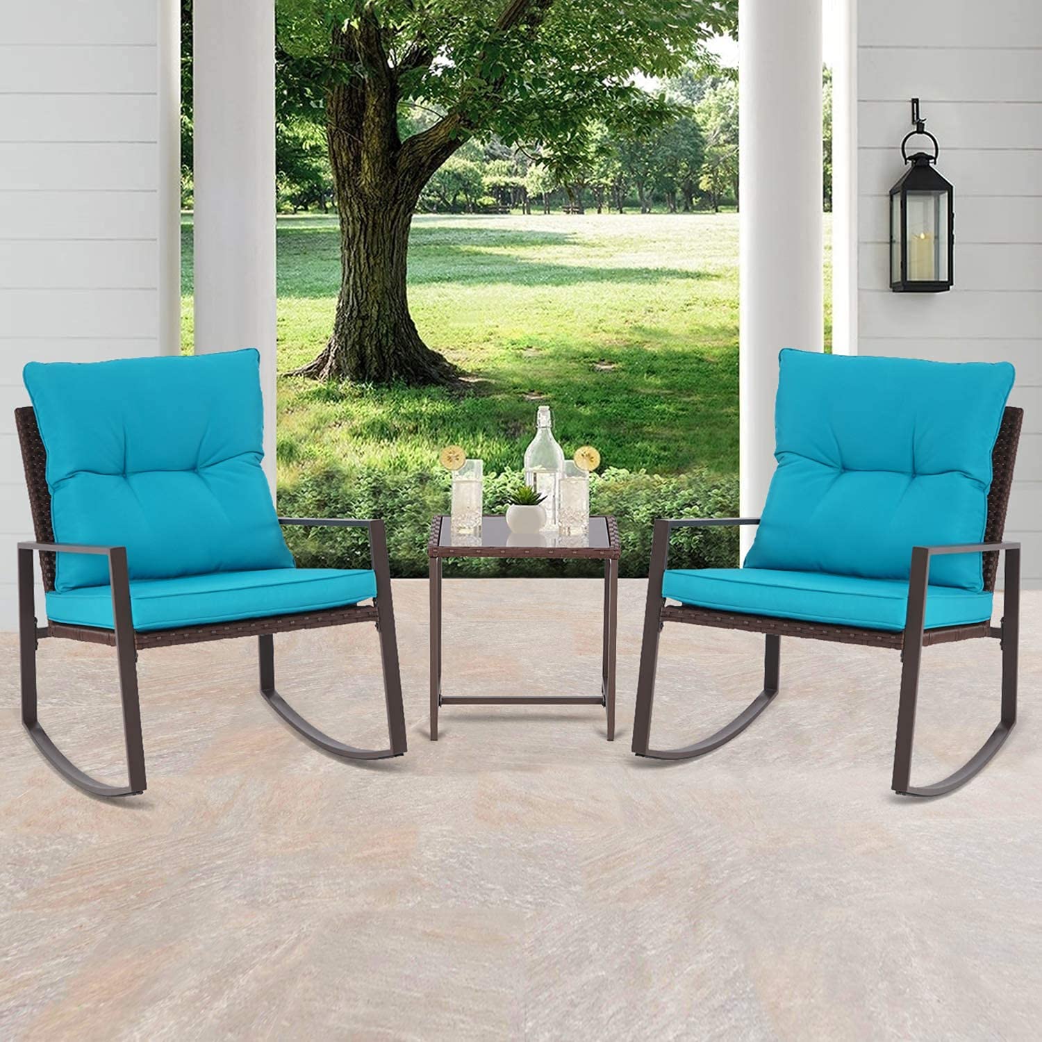 **SUNCROWN 3-Piece Patio Bistro Set - Brown Wicker Outdoor Rocking Chairs with Glass Coffee Table & Light Blue Cushions - Perfect for Porch, Garden, or Backyard Relaxation**