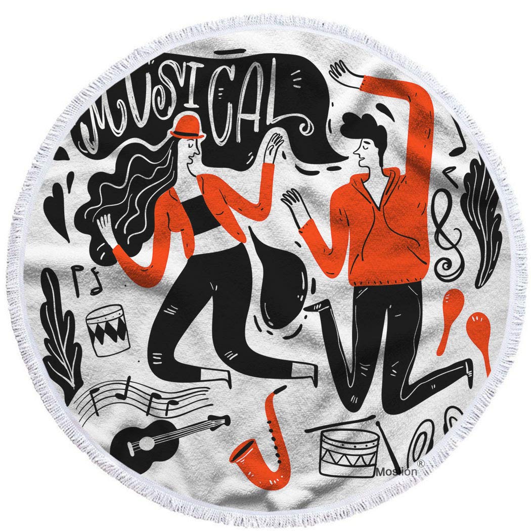 Moslion Oversized 63 Inch Round Beach Towel for Couples - Soft Microfiber Polyester, Music Festival & Rock Guitar Design - Perfect for Beach, Pool, Picnics & Outdoor Concerts