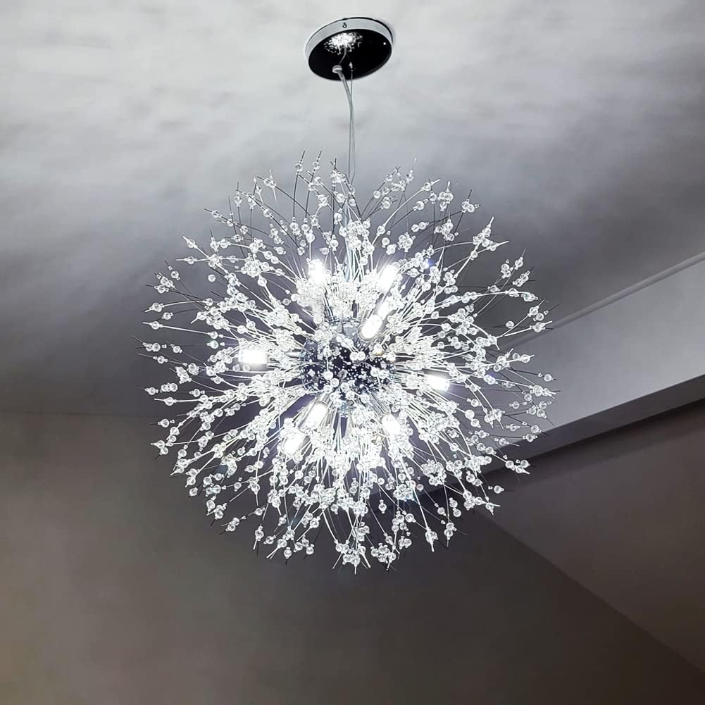 Modern Crystal Chandeliers - 9-Light Chrome Dandelion Firework Pendant Lighting Fixture for Dining Room, Bedroom, Living Room, Restaurant, Kitchen & Hallway | Elegant Ceiling Light for Home Decor & Commercial Spaces