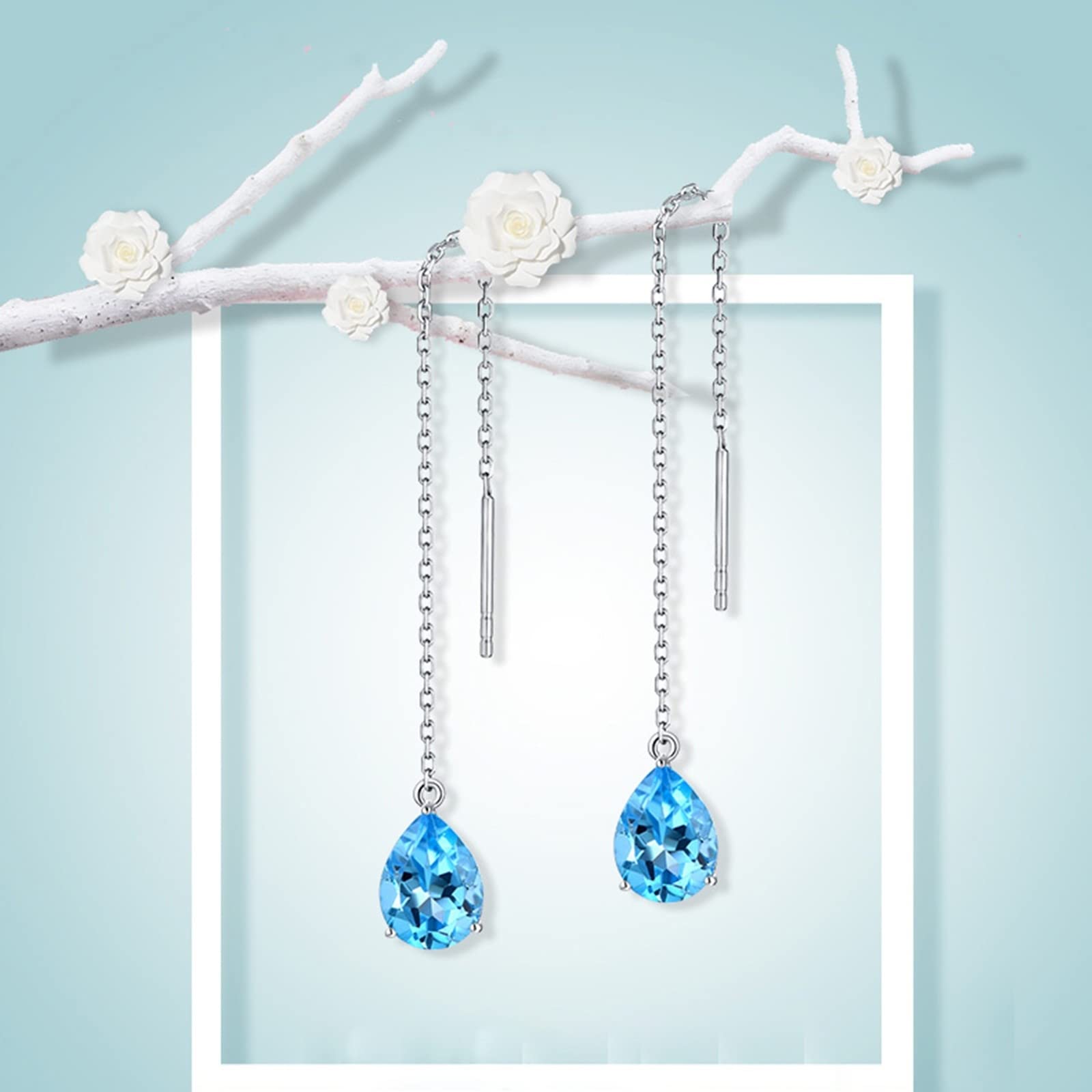 18K White Gold Drop Earrings for Women - 2.6ct Teardrop Blue Topaz & Diamond Pendant Dangle Earrings | Elegant Party, Wedding & Evening Wear Jewelry