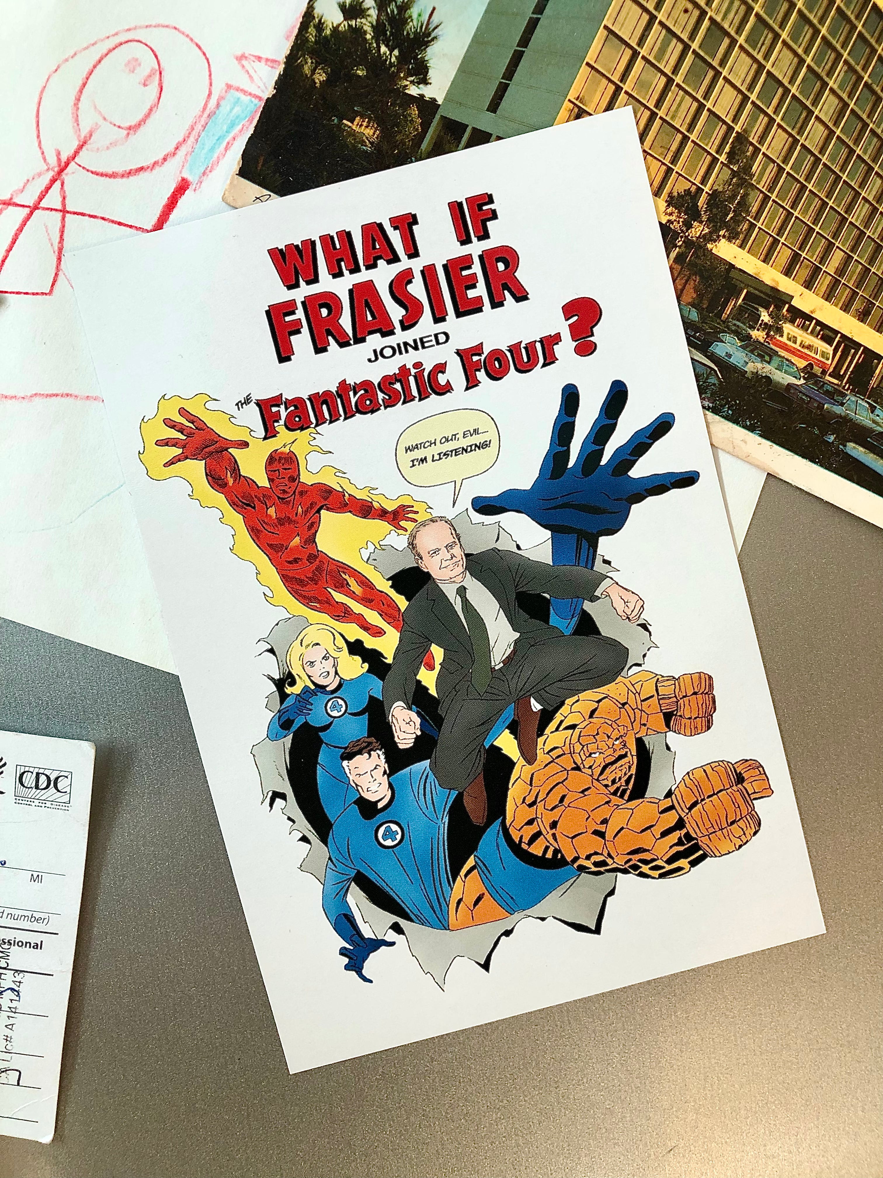 Funny Frasier Joins Fantastic Four Fridge Magnet - Perfect for Marvel Fans & Sitcom Lovers - Great for Office Decor, Gifts, and Comic Book Collections