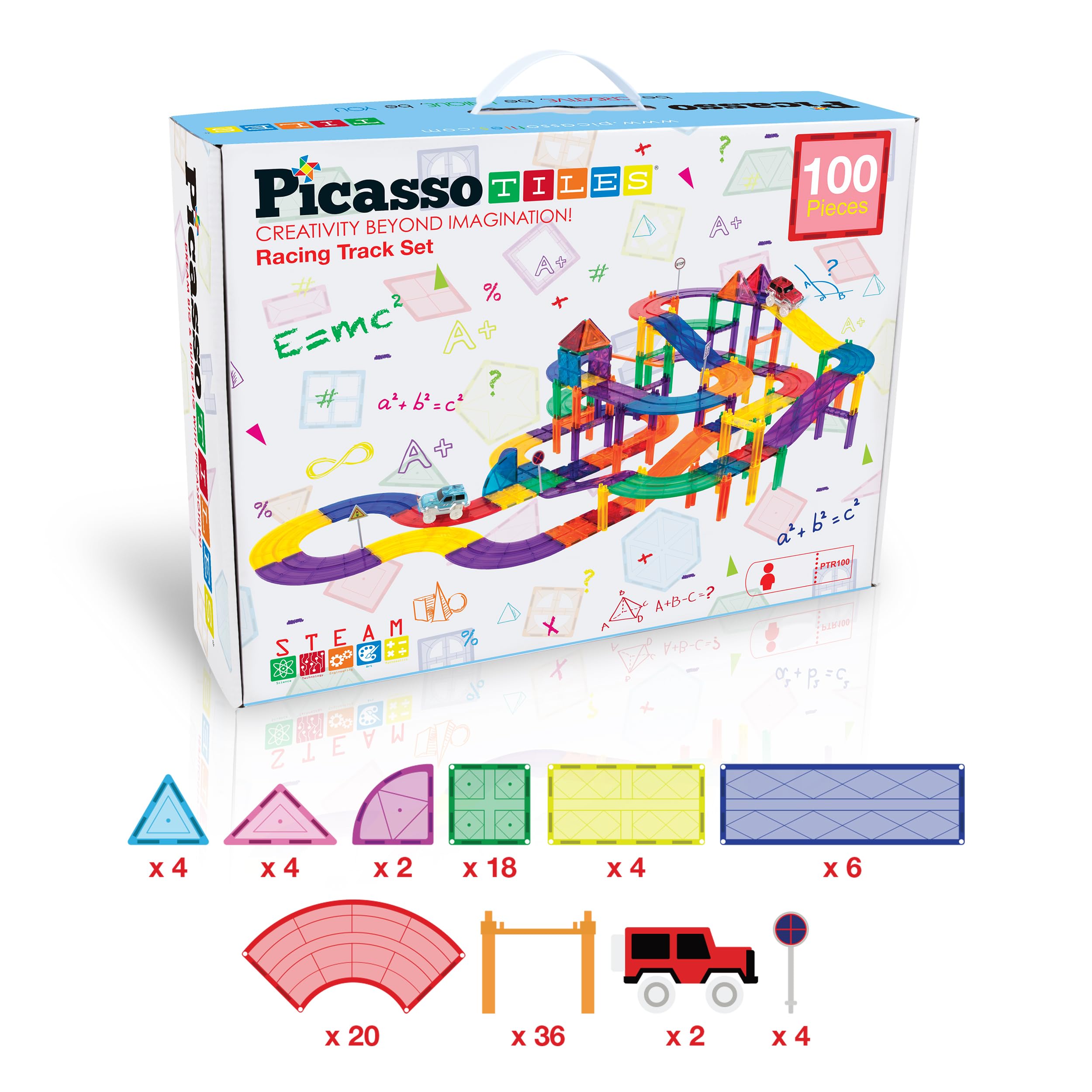 PicassoTiles 100-Piece Magnetic Race Car Track Set with LED Cars & Idea Book - STEM Learning Toy for Kids, Fine Motor Skills & Creativity Development - Perfect for Playtime, Birthday Gifts & Educational Activities
