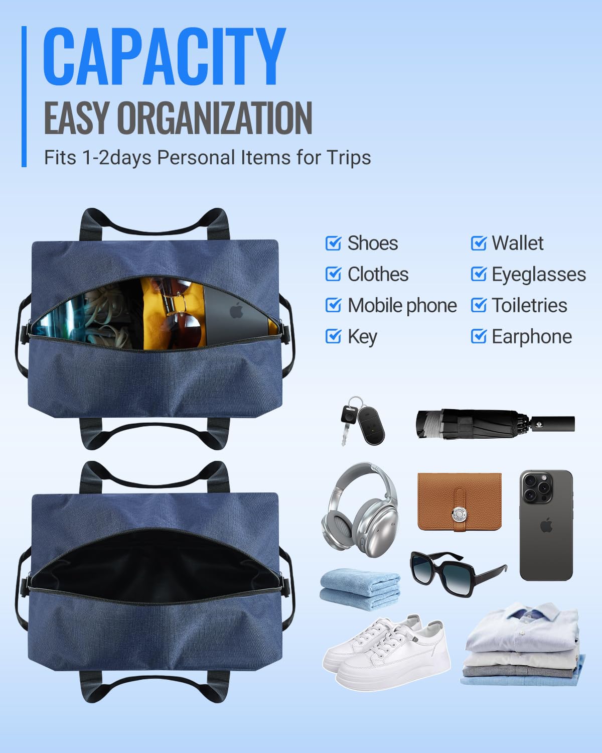 14 Inch Small Gym Bag & Mini Duffel Bag - Lightweight Carry On for Travel, Sports & Workout - Compact Duffle Bag for Men & Women (Navy Blue) - Perfect for Gym, Yoga, Weekend Trips & Sports Activities