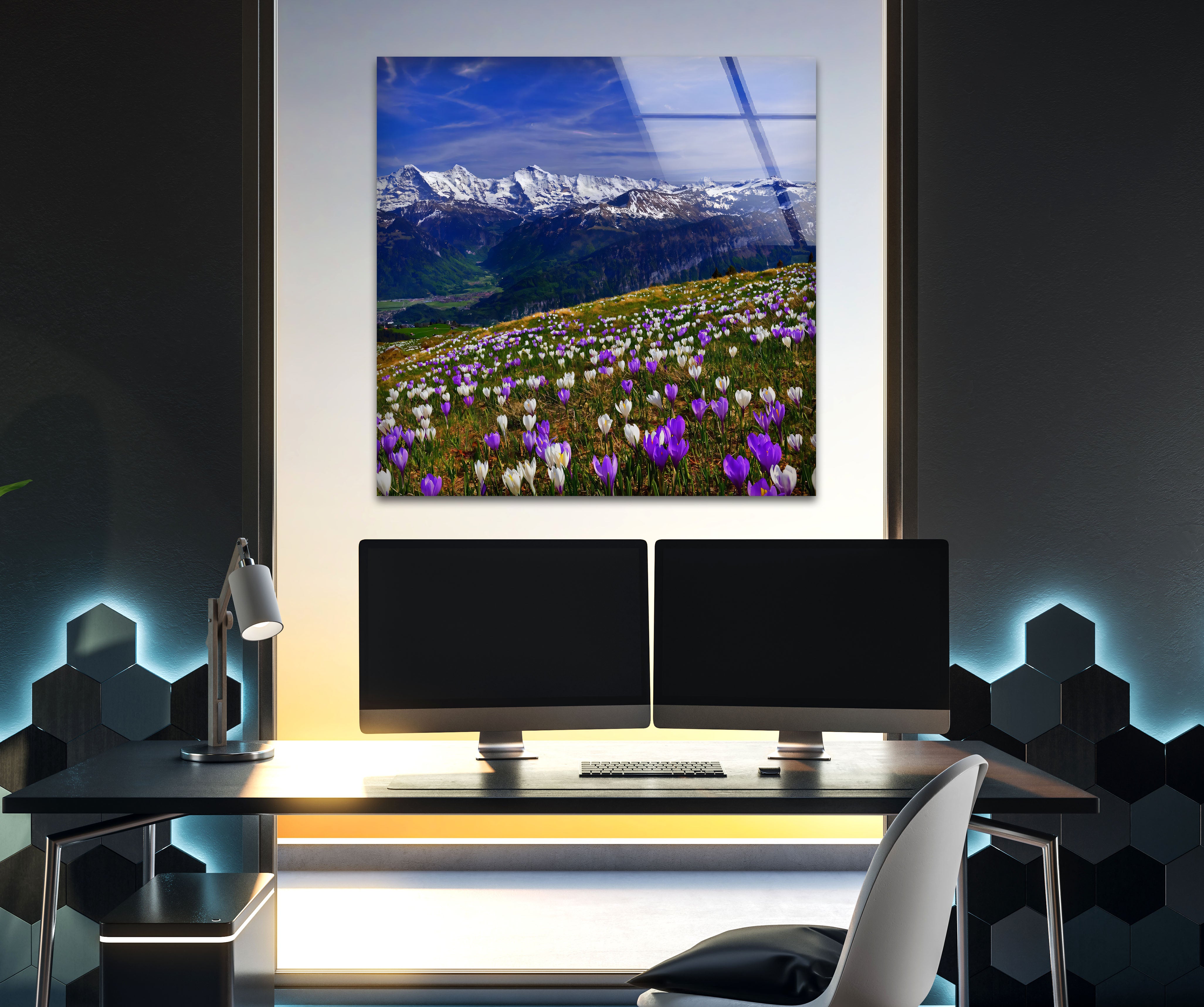 Alpine Meadow Glass Wall Art – Majestic Mountain & Blooming Wildflower Landscape Decor for Living Room, Bedroom & Office – Nature Inspired Home Décor