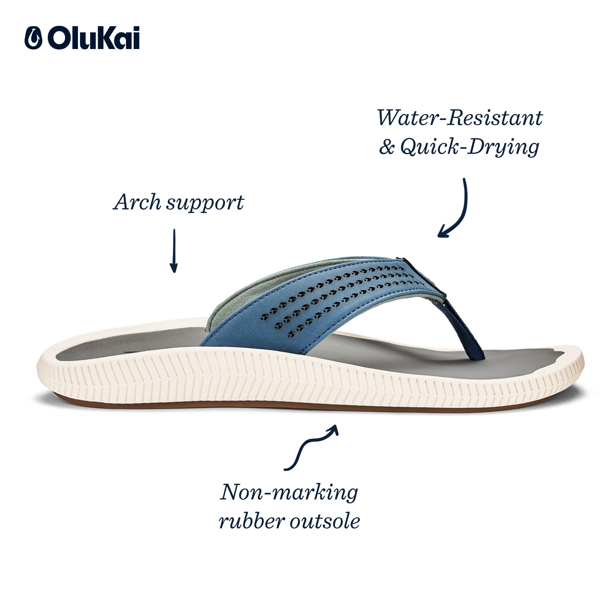 OLUKAI Ulele Men's Beach Sandals - Quick-Dry Waterproof Flip Flops with Arch Support | Comfortable Slip-On Slides for Swimming, Pool, Travel & Outdoor Activities | Non-Slip Wet Grip Soles & Soft Microfiber Lining