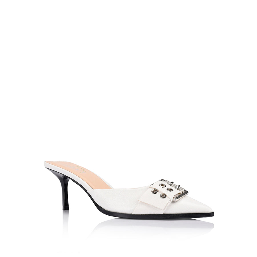 Sez Buckle Stiletto Mules - Chalk White Crinkle Leather Slip-On Heels for Women | Comfortable & Stylish Shoes for Office, Party & Night Out