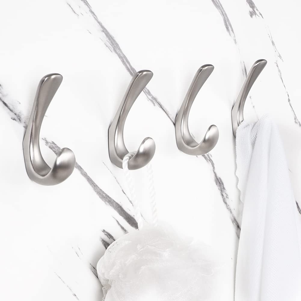 4 Pack Brushed Nickel Wall Mounted Towel Hooks - Modern Bathroom Hooks for Towels, Robes & Clothes - Perfect for Bathrooms, Bedrooms, Laundry Rooms & Entryways