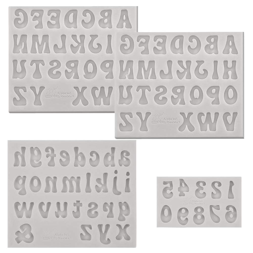 PRAMOO 4-Piece Silicone Alphabet & Number Molds Set - Uppercase, Lowercase Letters & 0-9 Numbers for Fondant, Chocolate, Cake Decorating - Perfect for DIY Chocolate Covered Strawberries, Breakable Hearts & Baking Projects (Gray)