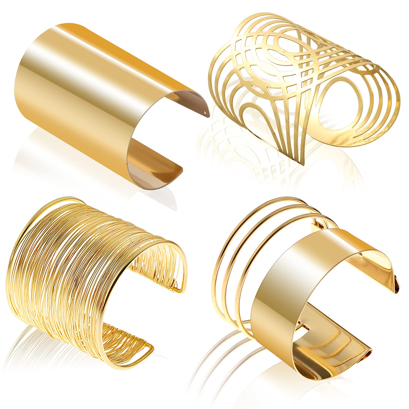4 Pcs Gold Cuff Bangle Bracelet Set for Women - Open Wide Wire Wrist Cuff Wrap Bracelets - Perfect for Parties, Weddings & Everyday Elegant Style