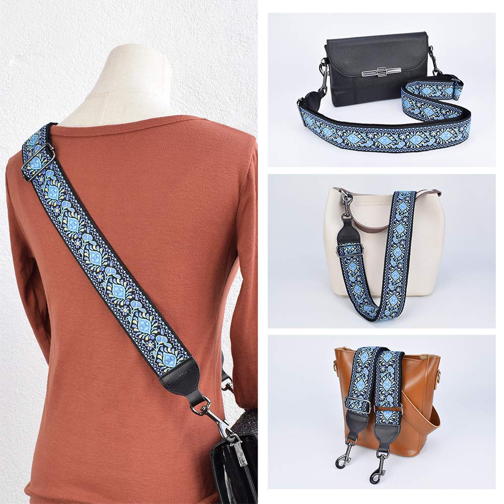 Premium Jacquard Woven Guitar Strap with Leather Ends & Metal Clips - Blue Pattern Banjo Strap for Handbag & Purse | Perfect for Musicians & Fashion Accessories