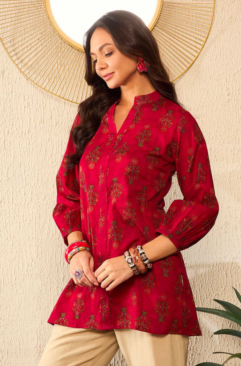 Stylish Maroon Cotton Blend Floral Printed Indian Kurti Tunic Top for Women | Comfortable & Trendy Ethnic Wear for Casual Outings, Festivals & Parties