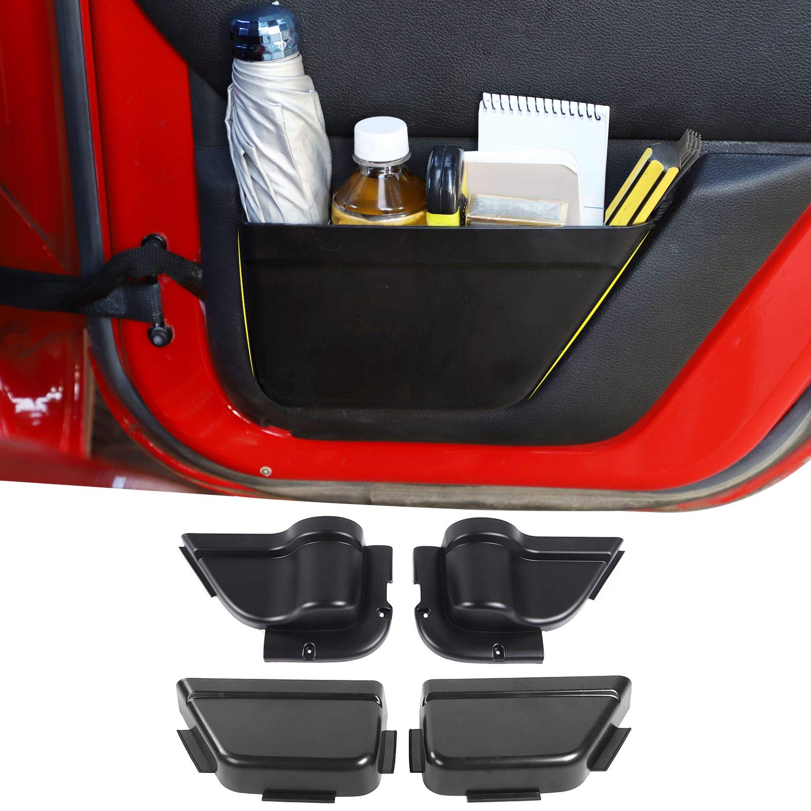 RT-TCZ Jeep Wrangler JK Storage Pockets - Side Door Organizer Box for 2011-2018 JK/JKU Models - Interior Storage Accessories (Black, 4-Piece Set) - Perfect for Road Trips, Camping & Off-Road Adventures