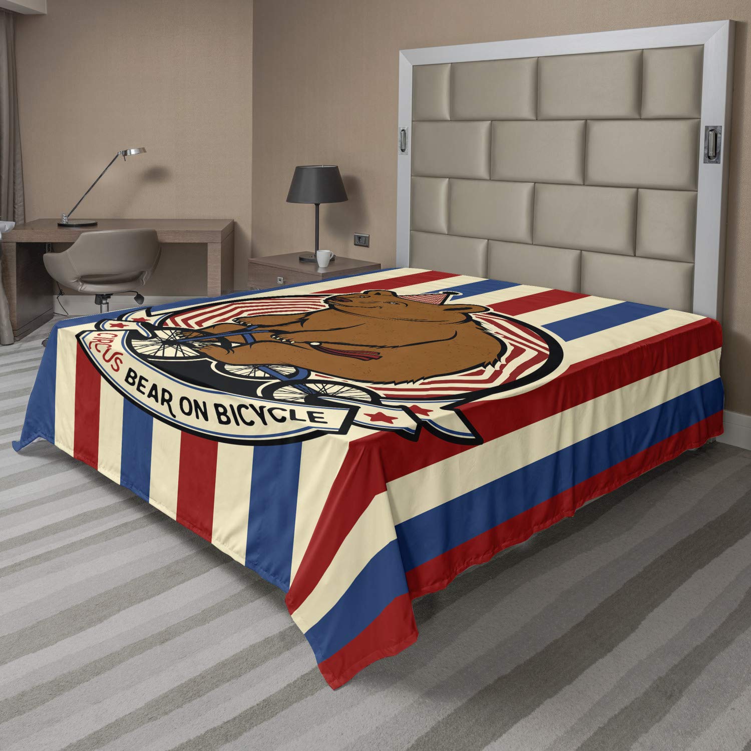 Ambesonne Bear Flat Sheet - Full Size Circus Animal Bicycle Carnival Theme Bedding, Soft & Comfortable Decorative Top Sheet (1 Piece, Ruby Blue Brown) - Perfect for Kids' Rooms, Themed Bedrooms & Unique Home Decor
