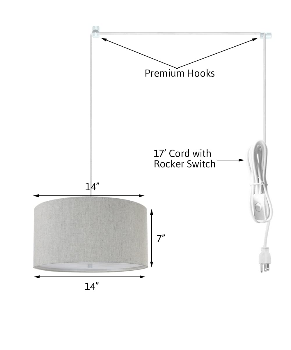HomeConcept 2-Light Plug-in Swag Pendant with Diffuser - 14 Inch Textured Oatmeal Finish & White Cord | Perfect for Kitchen Island, Dining Room, or Bedroom Lighting