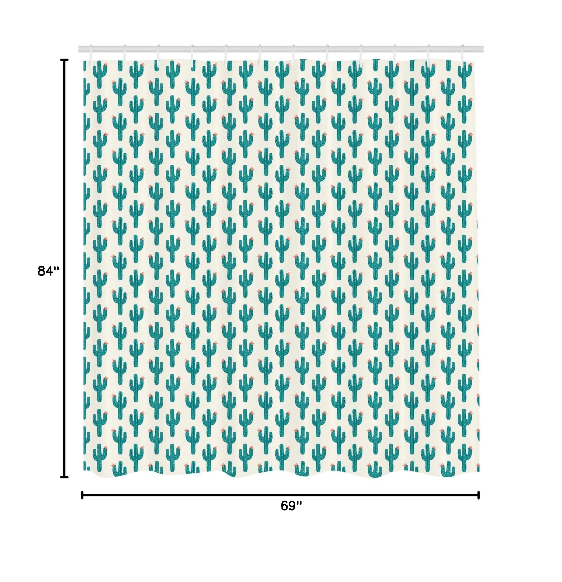 Ambesonne Cactus Print Shower Curtain - Waterproof Fabric Bathroom Decor with Hooks, 69x84 Inches, Teal & Ivory - Cacti Silhouette Floral Doodle Art - Perfect for Boho, Farmhouse & Modern Bathrooms
