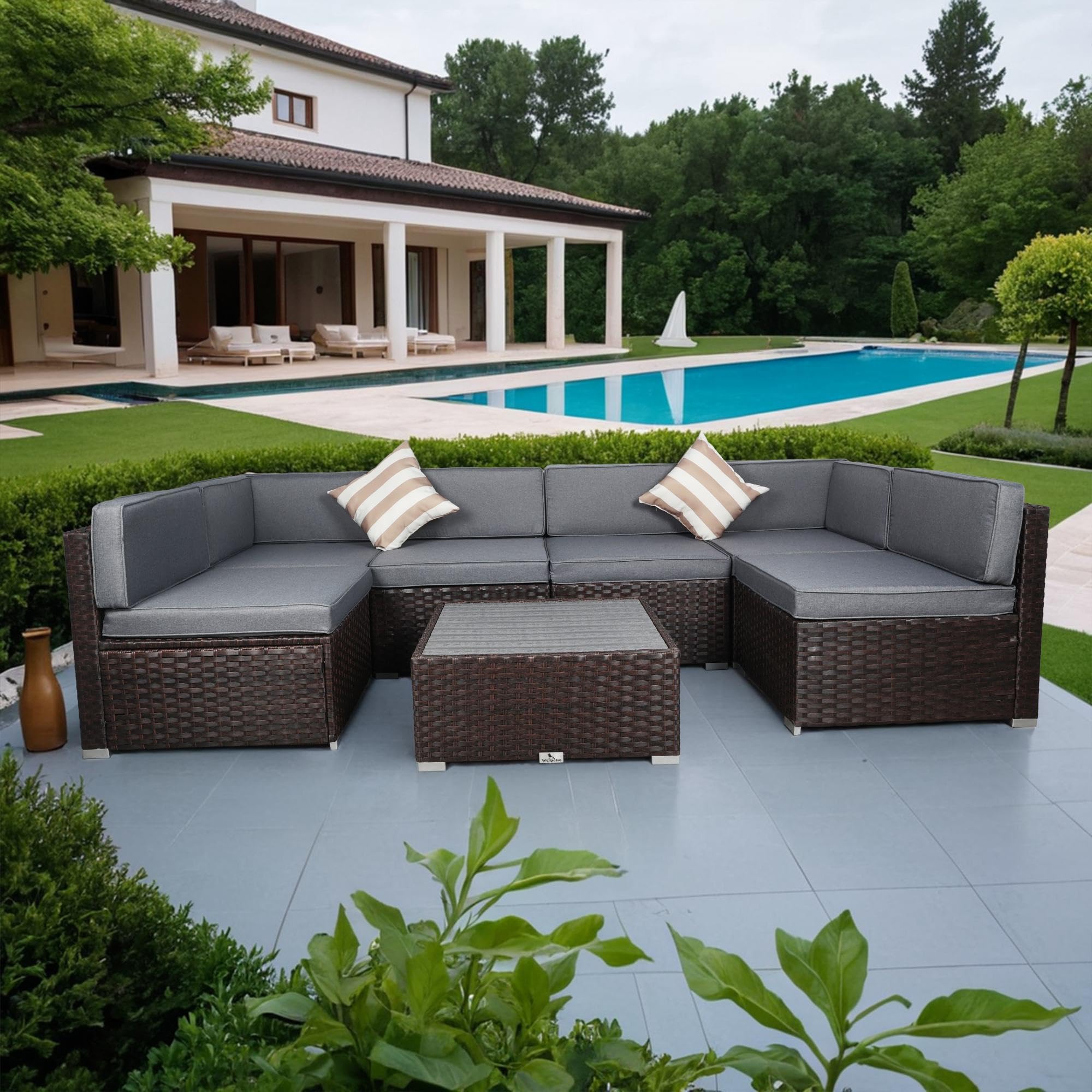 7-Piece Outdoor Patio Furniture Set with Cushions - PE Rattan Wicker Sectional Sofa & Coffee Table - Waterproof & Durable for Garden, Deck, Poolside (Gray) | Perfect for Backyard Relaxation, Outdoor Entertaining & Lounging