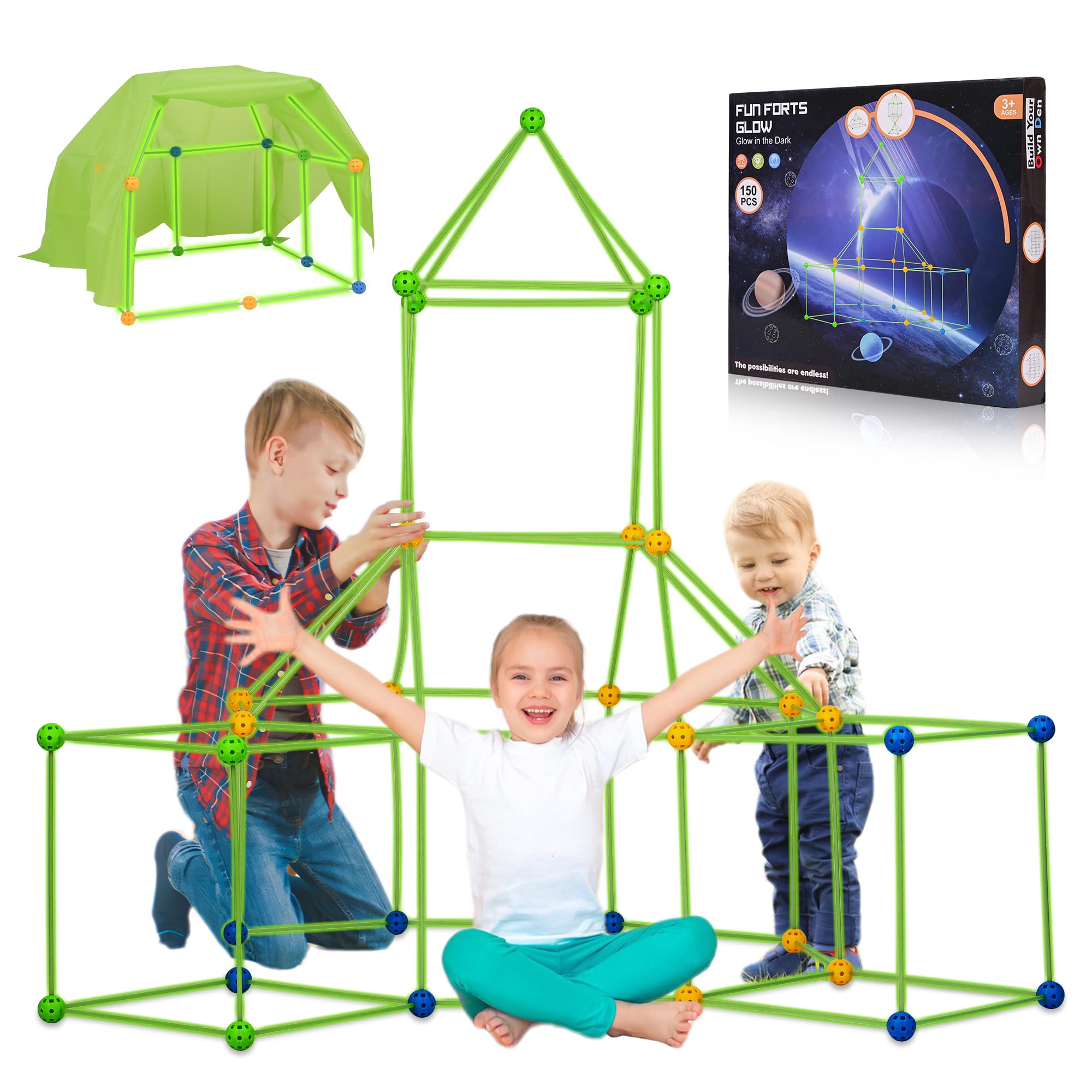 150Pcs Glow in The Dark Fort Building Kit for Kids Ages 4-8 - STEM Educational DIY Creative Tent for Boys & Girls - Indoor & Outdoor Air Fort Builder Toy with Cloth - Perfect for Playdates, Birthday Gifts & STEM Learning Activities