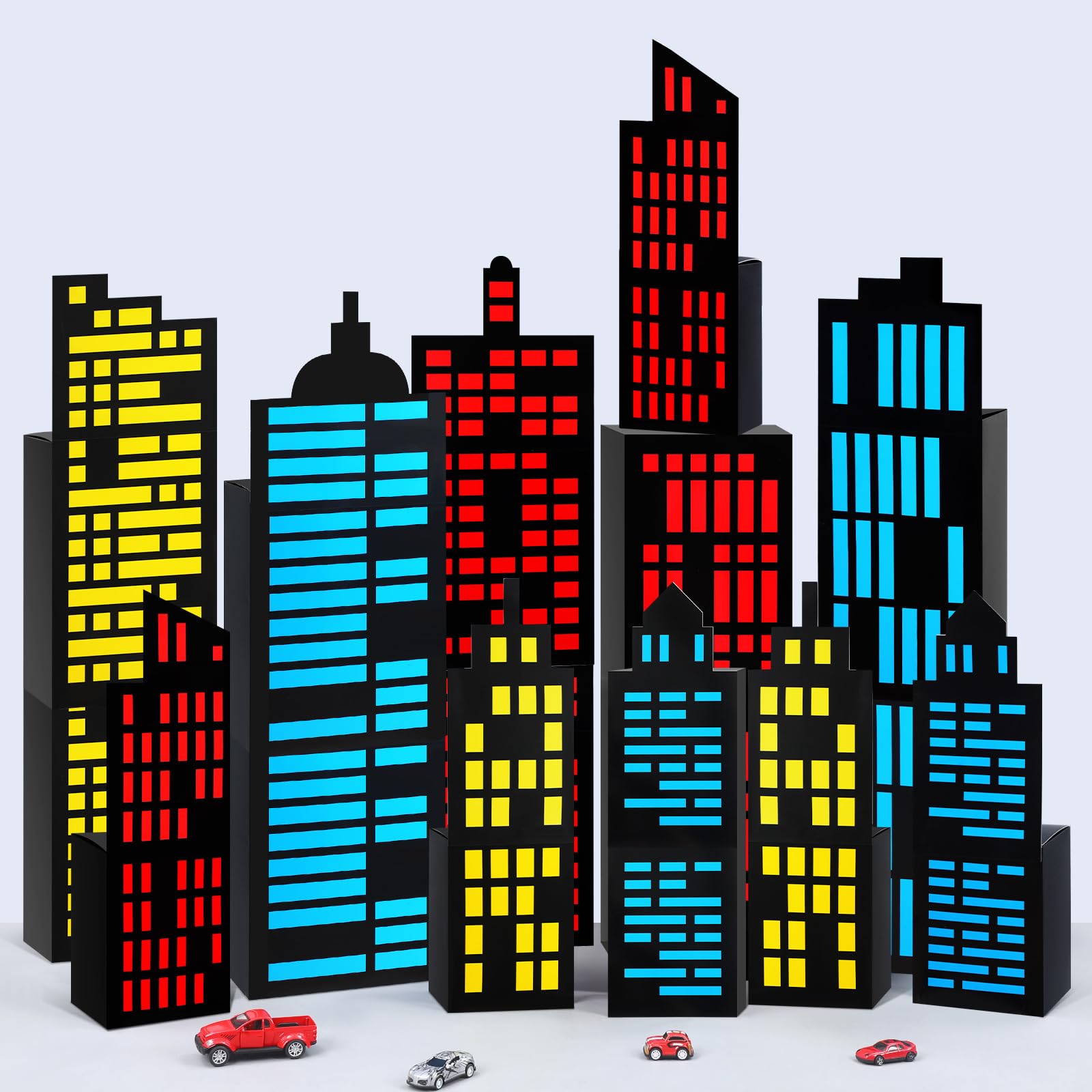 16 Pcs Large Hero Party Favor Boxes with 10 Pcs Cards - 3D Skyscraper City Gift Box Set in Different Sizes | DIY Skyline Buildings Heroes Centerpiece for Hero Theme Birthday Party Decorations | Perfect for Superhero Themed Parties, Kids Birthday Decor, and Cityscape Centerpieces