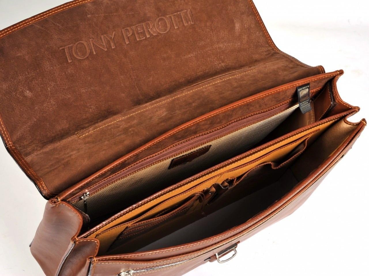 Tony Perotti Men's Italian Cow Leather Bella Russo Double Compartment Laptop Briefcase - Professional Business Bag for Work, Office & Travel - Durable Leather Messenger Bag for MacBook, iPad & Documents