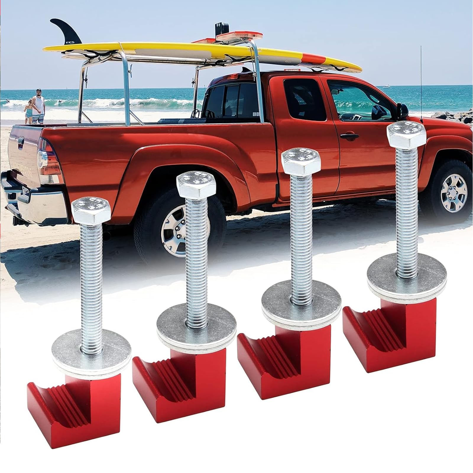 4 Pack No Drill Universal Truck Toolbox Mounting Kit - Heavy Duty Aluminum Alloy Tool Box Tie Down Straps with J Hooks for Secure Cargo Transport (Red) - Perfect for Pickup Trucks, Vans & Work Vehicles