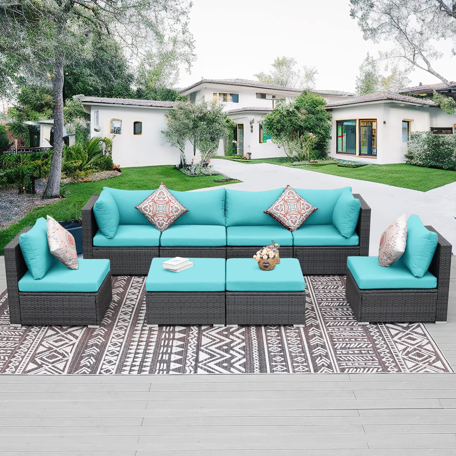 NICESOUL® 14-Piece Outdoor Sofa Cushion Covers - Teal Blue Waterproof Patio Furniture Cushion Replacement (27x27 Inch) - All-Weather Olefin Fabric for Deck, Poolside & Garden Use