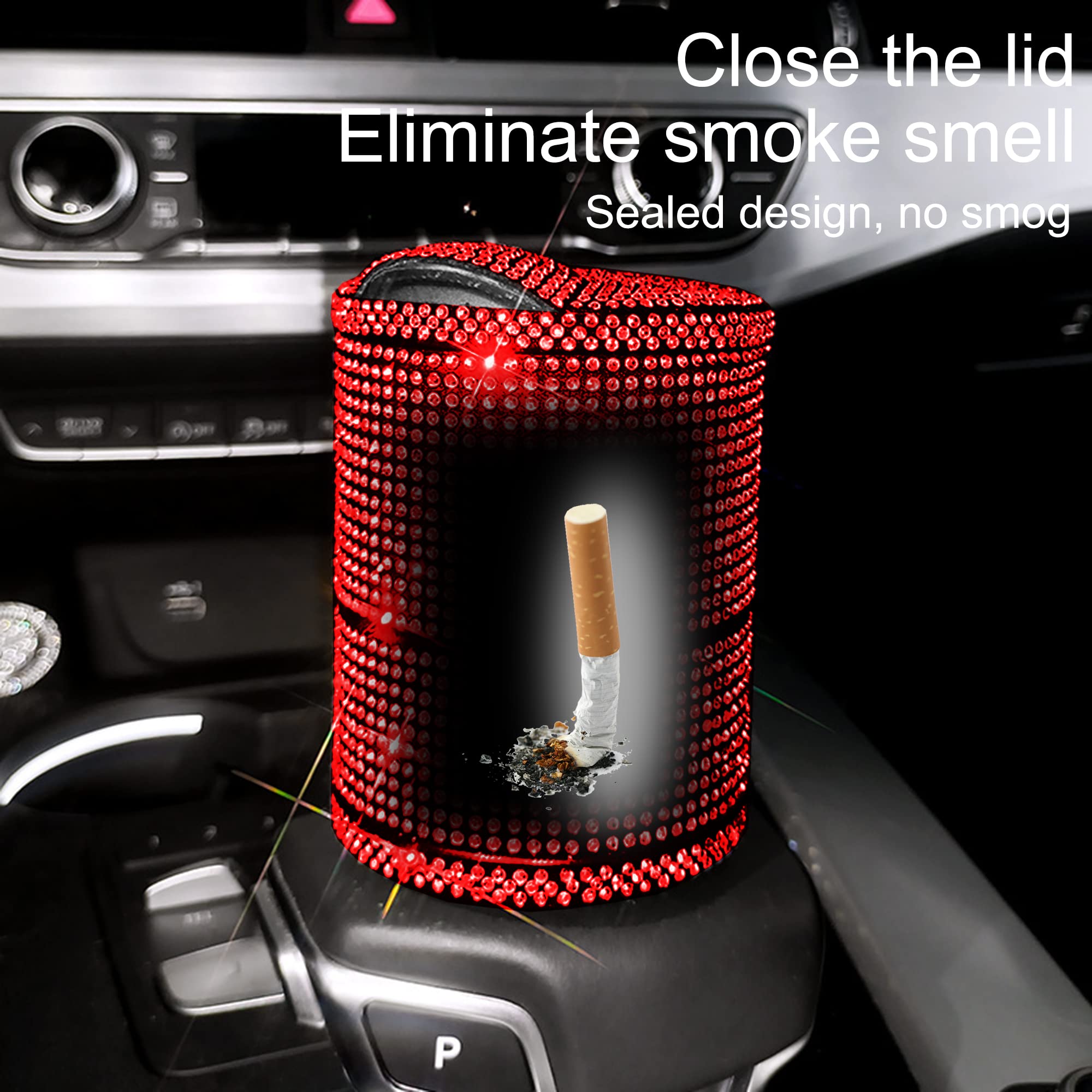 Crystal Diamond Car Ashtray with Lid - Smell Proof & Blue LED Light - Portable Bling Ashtray for Car - Smokeless Cigarette Holder & Mini Trash Can (Red) - Perfect for Road Trips, Camping & Outdoor Smoking