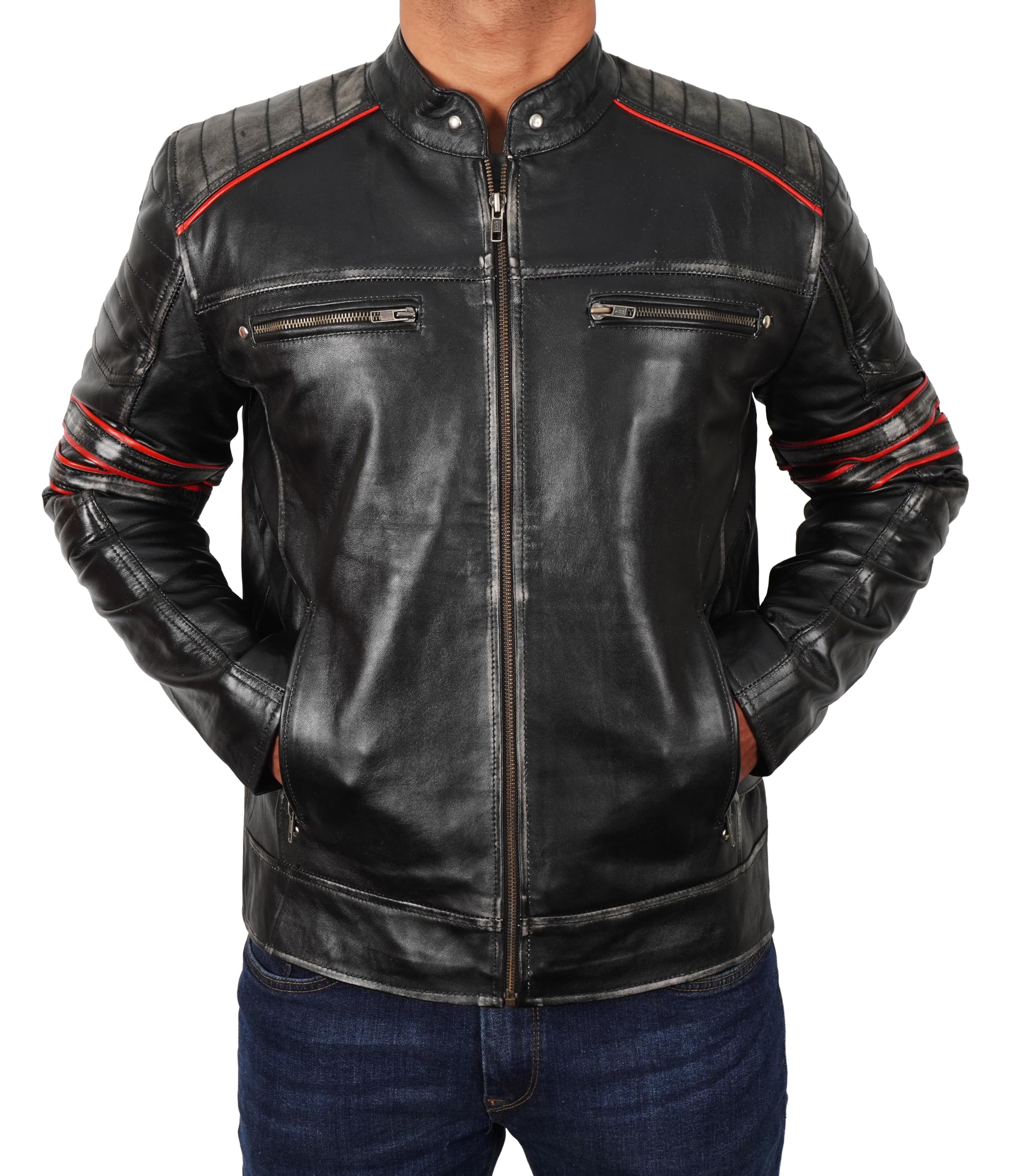 Men's Distressed Leather Motorcycle Jacket - Vintage Cafe Racer Style Biker Jacket for Men - Perfect for Riding, Motorcycle Events & Casual Streetwear