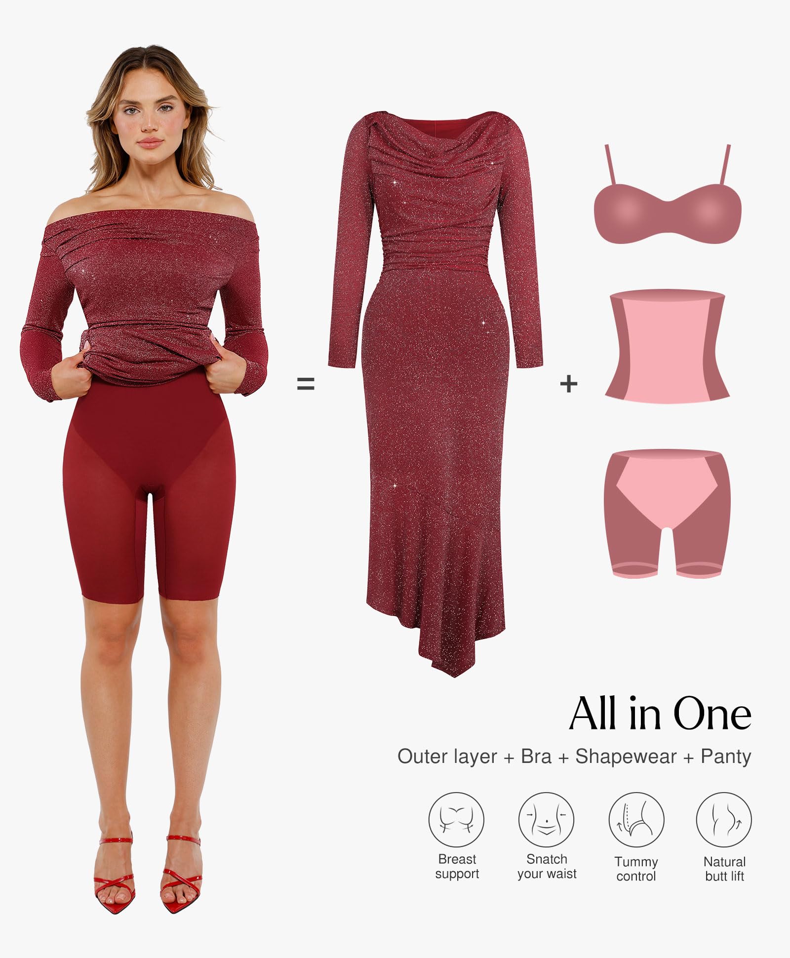 Sparkly Long Sleeve Off-Shoulder Bodycon Dress for Women - Sexy Cocktail & Mermaid Dress with Built-In Shapewear - Perfect for Parties, Date Nights & Special Occasions