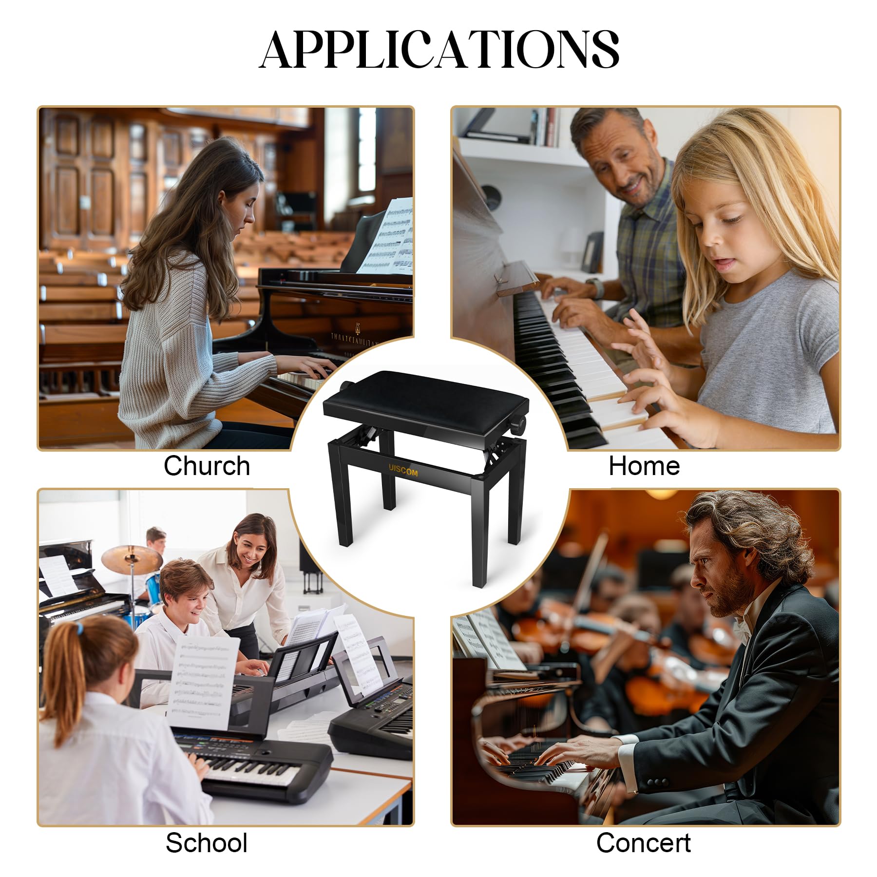 Adjustable Solid Wood Piano Bench with Padded Cushion - Comfortable Keyboard Stool for Piano, Organ & Digital Keyboard - Perfect for Home, Studio & Music Classrooms (Black)