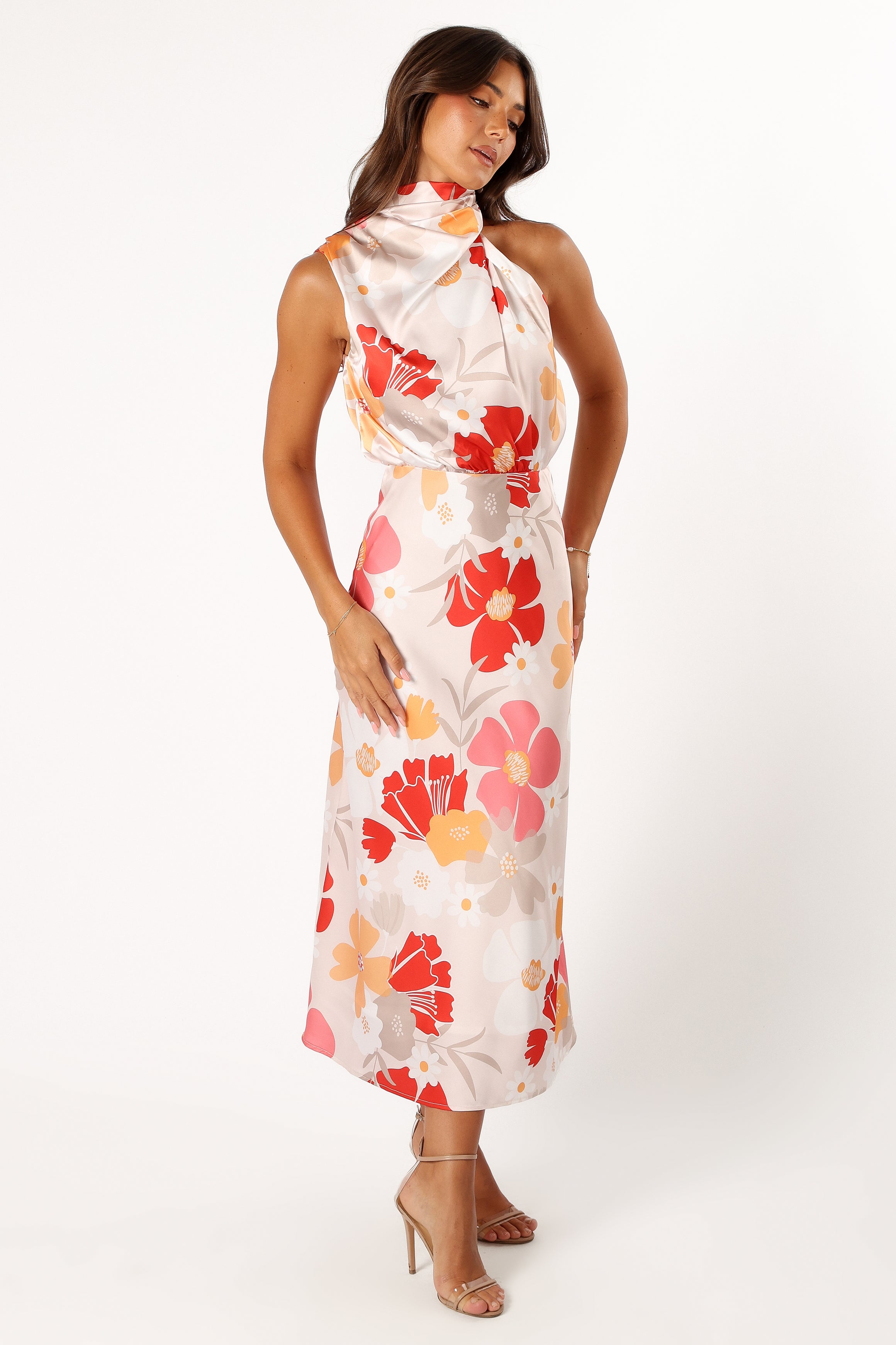 Anabelle Halter Neck Midi Dress - Positano Floral Print Summer Dress for Women, Beach Wedding Guest Outfit, Vacation Dress, Boho Chic Style