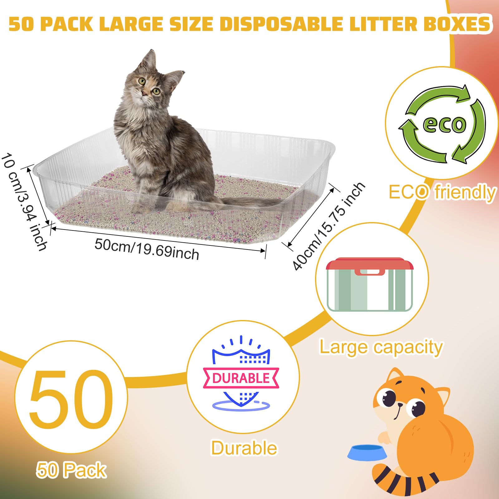 Zubebe 50 Pack Disposable Cat Litter Boxes - Large 19.69 x 15.75 x 3.94 Inch Plastic Litter Trays for Indoor Cats, Travel & Home Use - Portable, Lightweight & Convenient (Clear) - Perfect for Daily Use, Camping & Road Trips