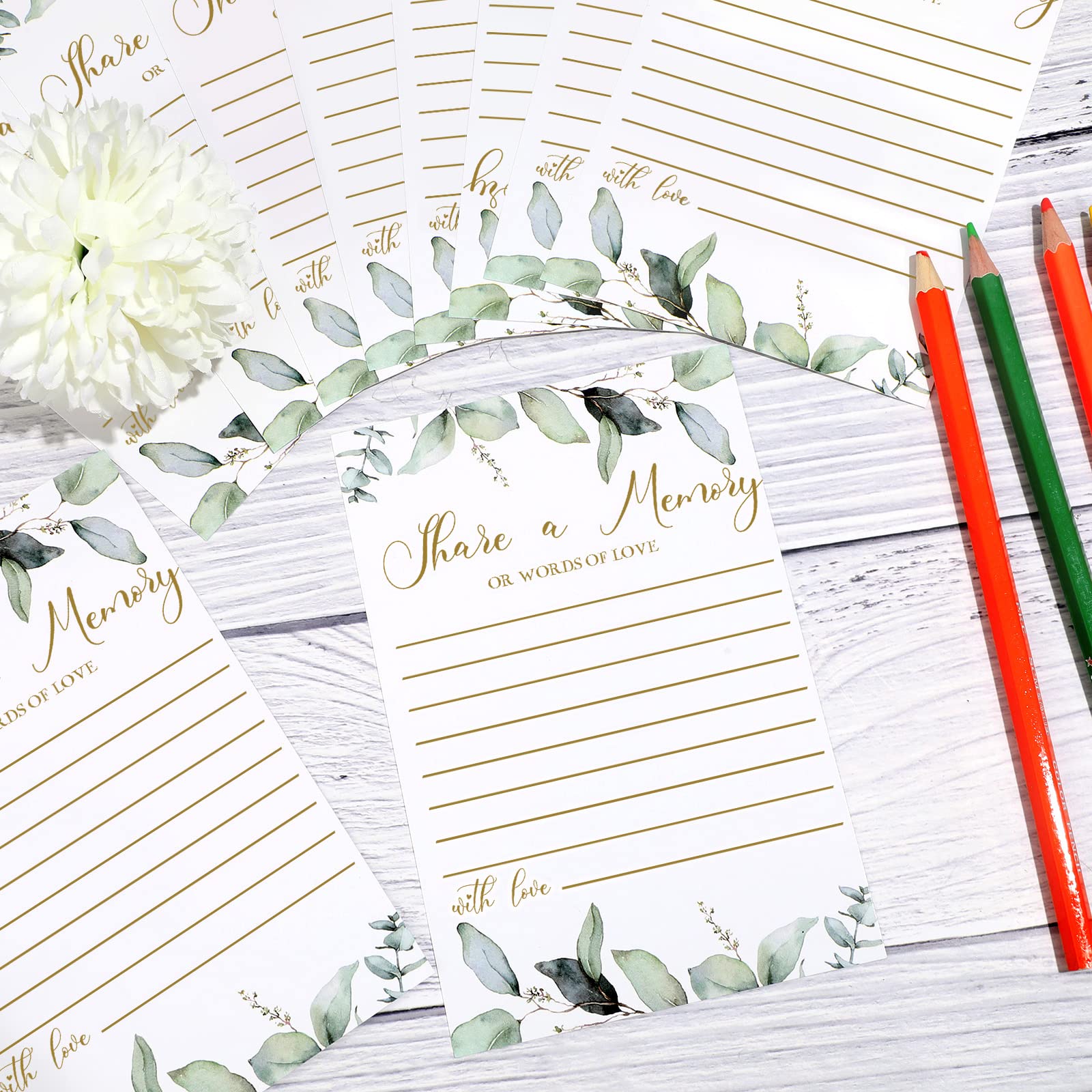 50 Pcs Elegant Greenery Eucalyptus Memory Cards & Seating Place Cards with Gold Font - Perfect for Funerals, Graduations, Weddings, Bridal Showers, Birthdays & Anniversaries - Create Lasting Memories for Special Occasions