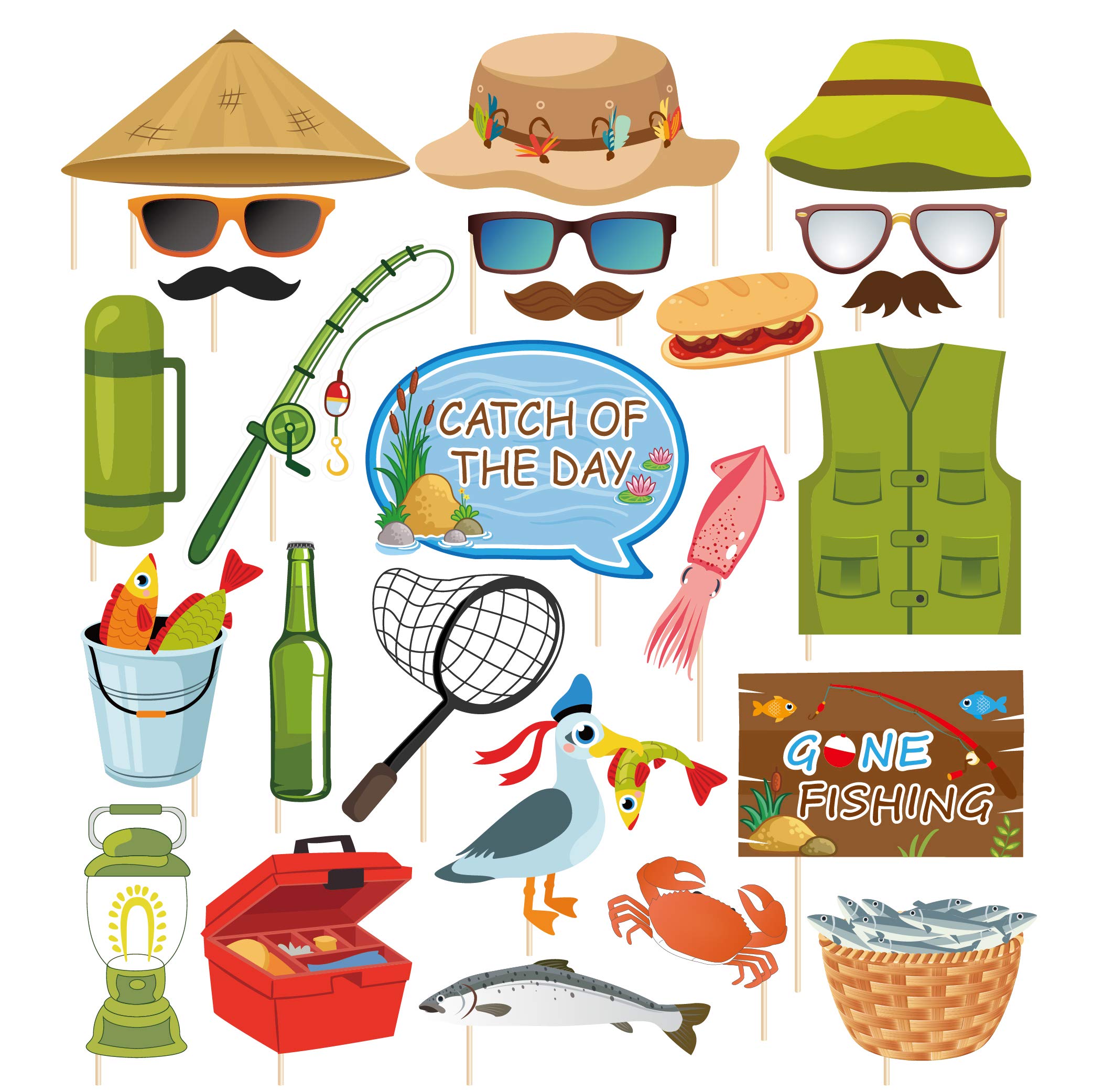 25-Piece Gone Fishing Photo Booth Props Kit - Fishing Rod, Hat, Vest, Crab & More - Perfect for Fishing Themed Parties, Baby Showers & Birthday Decorations