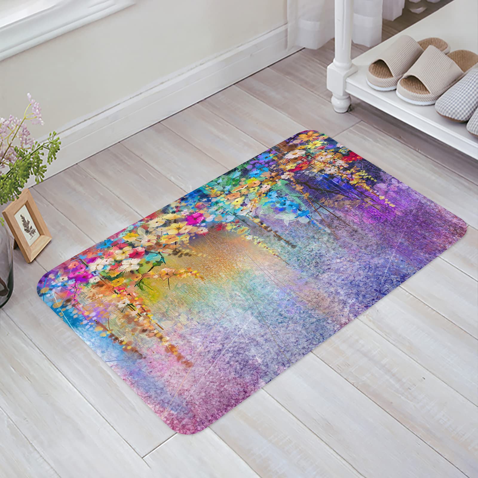 Prironde Purple Watercolor Flower Door Mat - Non-Slip Indoor Outdoor Mat for Home Entrance, Kitchen, Bathroom, Porch & Sink Area - Washable Floor Rug (18x30 Inches) - Perfect for Welcoming Guests & Adding Style to Your Doorway