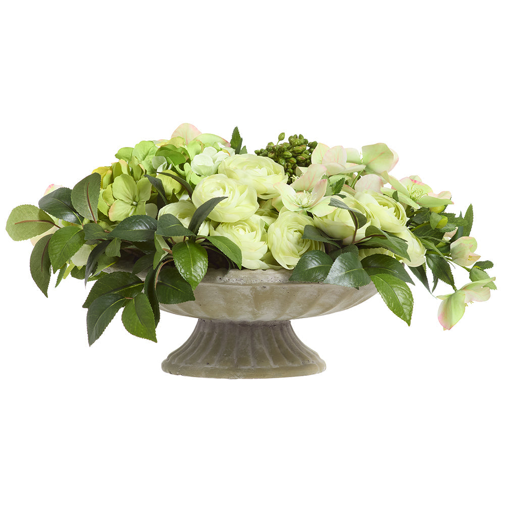 10Hx22W Helleborus, Ranunculus & Hydrangea Silk Flower Arrangement with Cement Plate in 2-Tone Green - Perfect for Home Decor, Wedding Centerpieces, and Office Table Displays