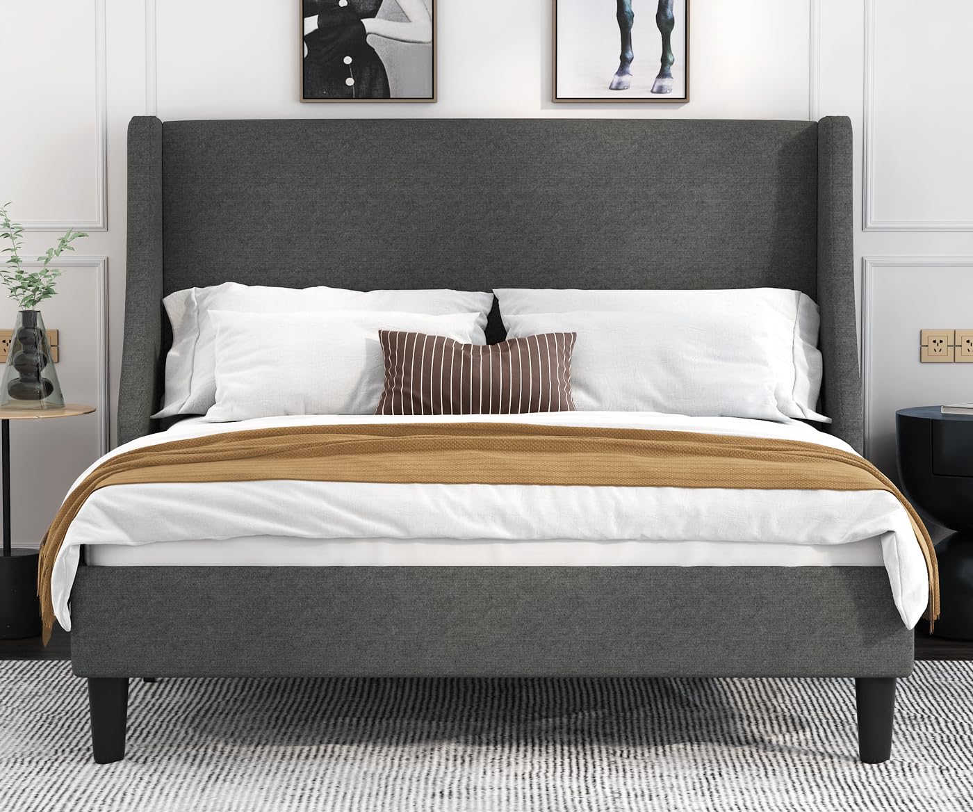 Allewie Full Size Platform Bed Frame with Upholstered Headboard - Modern Wingback Design, Wood Slat Support, Dark Grey - Perfect for Master Bedroom, Guest Room & Small Space
