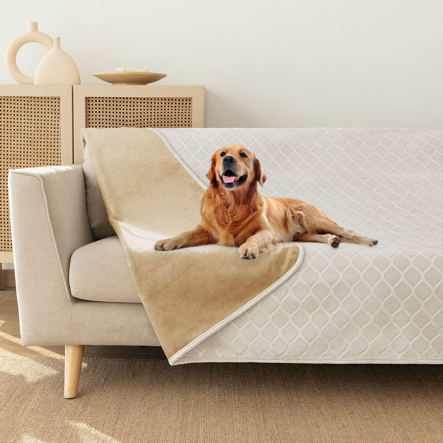 Waterproof Dog Blanket - 82x82 Inch Cozy Plush Pet Throw for Sofa & Couch | Moroccan Velvet Fuzzy Bed Cover (Cream & Sand) - Perfect for Indoor Lounging, Travel & Pet Protection