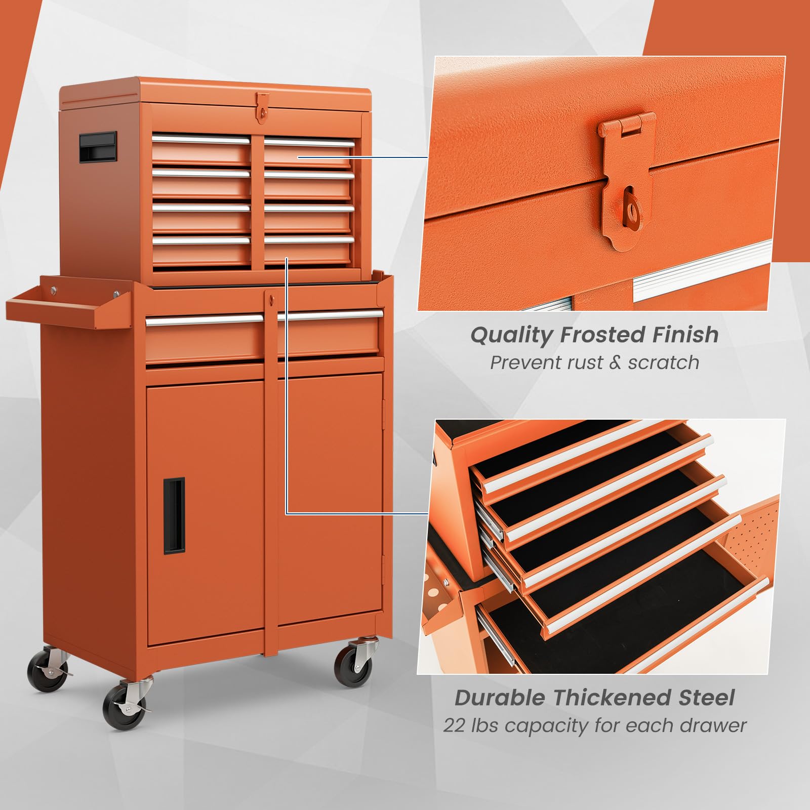 ERGOMASTER Heavy Duty 5-Drawer Rolling Tool Chest with Lockable Cabinet - Orange Tool Box for Garage, Workshop & DIY Projects | Removable Drawers for Easy Organization