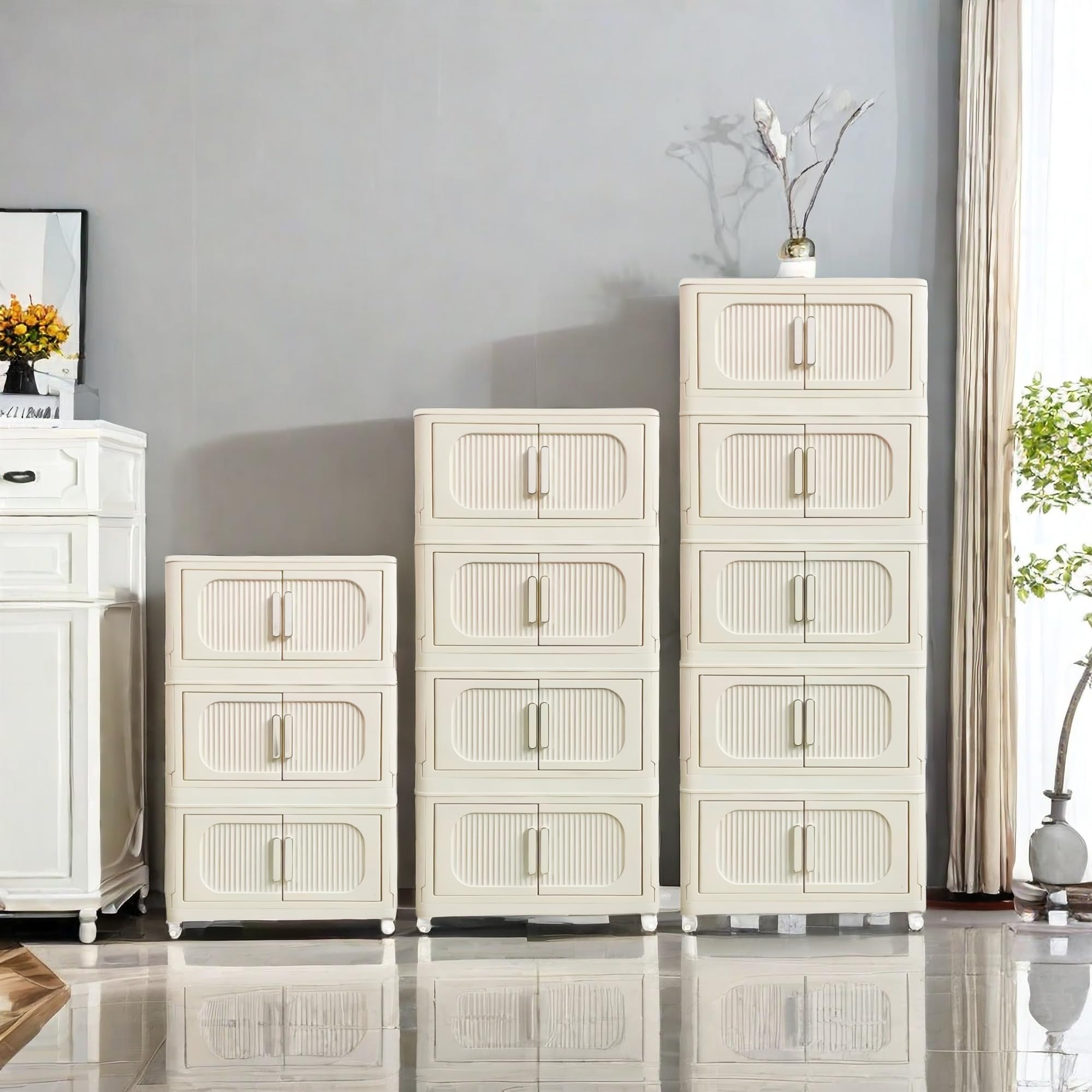 Foldable Cube Storage Bins with Lids & Wheels - 5-Tier Stackable Closet Organizer for Bedroom, Office & Kids Room - Cream White Open Front Storage Drawers for Home Organization