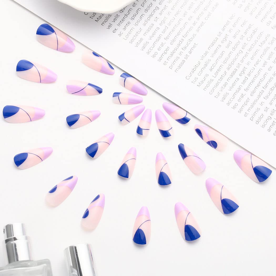 Glossy Almond Fake Nails - Medium Blue Press on Nails with French Manicure Design - 24Pcs Full Cover Acrylic Nail Tips for Women & Girls - Perfect for Parties, Weddings, and Everyday Glam (Style C)