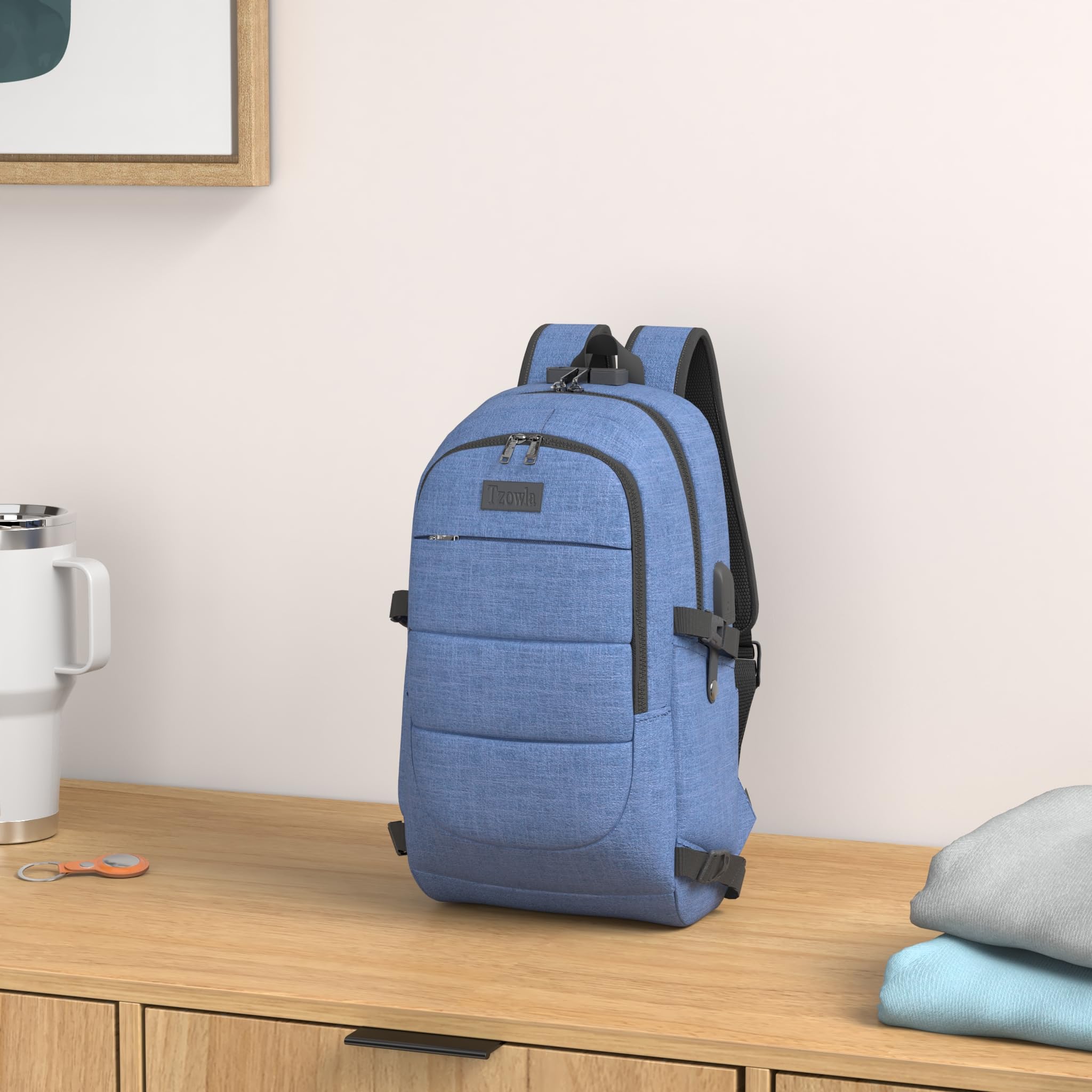 Tzowla 17.3 Inch Anti-Theft Business Laptop Backpack with USB Charging Port & Lock - Waterproof Computer Backpack for Men & Women - Perfect for Office, Travel, Hiking & College (Blue)
