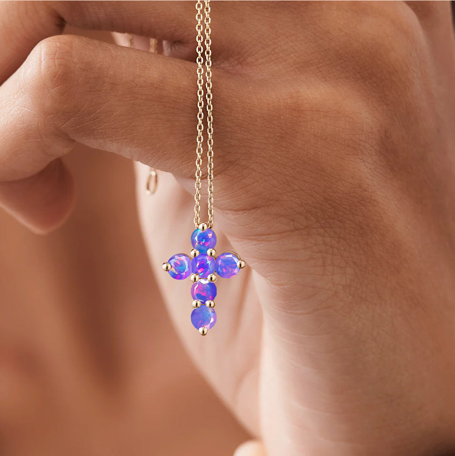 Lavender Opal Gemstone Cross Pendant Necklace - Elegant Purple Opal Jewelry for Women - Perfect for Church, Weddings & Everyday Wear