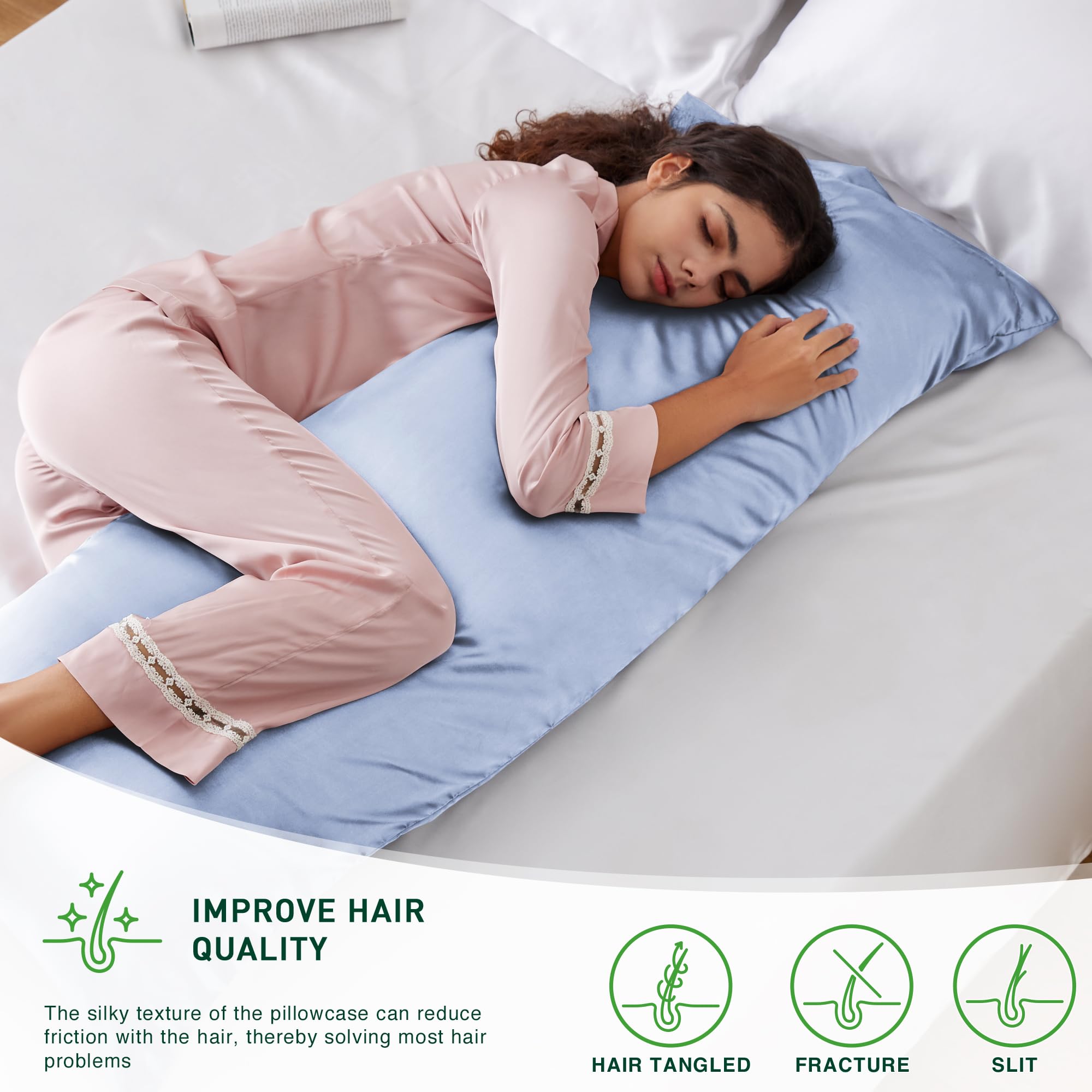 Love's Cabin 20x54 Inch Sky Blue Body Pillow Cover - Soft Satin Pillowcase with Envelope Closure for Hair & Skin Care - Cooling Silky Slip Pillow Case for Side Sleepers & Hot Sleepers - Perfect for Bedroom, Sofa & Travel Use
