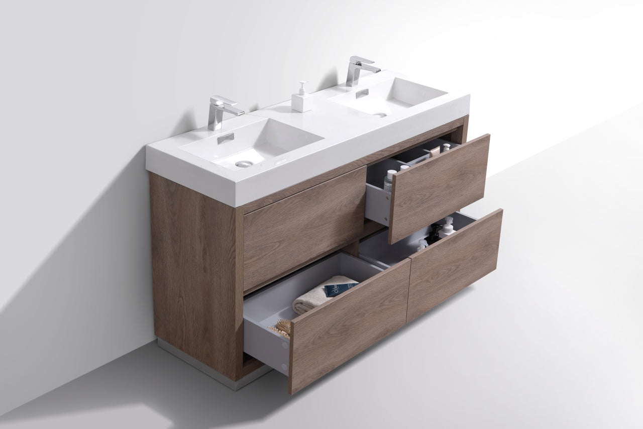 FMB60 Butternut Double Sink Floor Standing Modern Bathroom Vanity - 60 Inch Freestanding Vanity with Storage for Bathroom Remodel - Perfect for Master Bath, Guest Bath & Powder Room