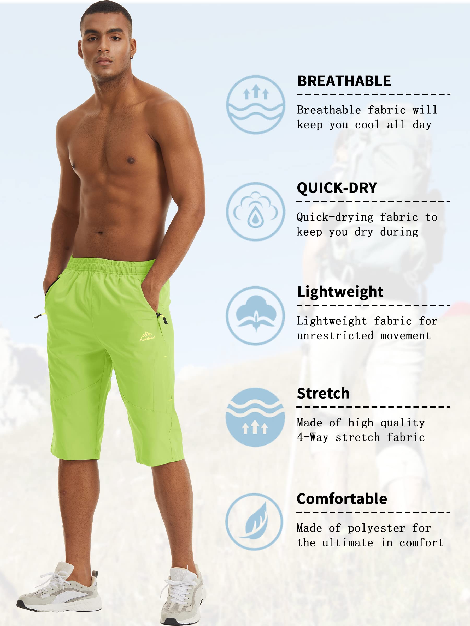 TACVASEN Men's Quick Dry Hiking 3/4 Long Capri Shorts - Athletic Workout Running Shorts with Zipper Pockets - Perfect for Outdoor Adventures, Gym Training & Summer Activities