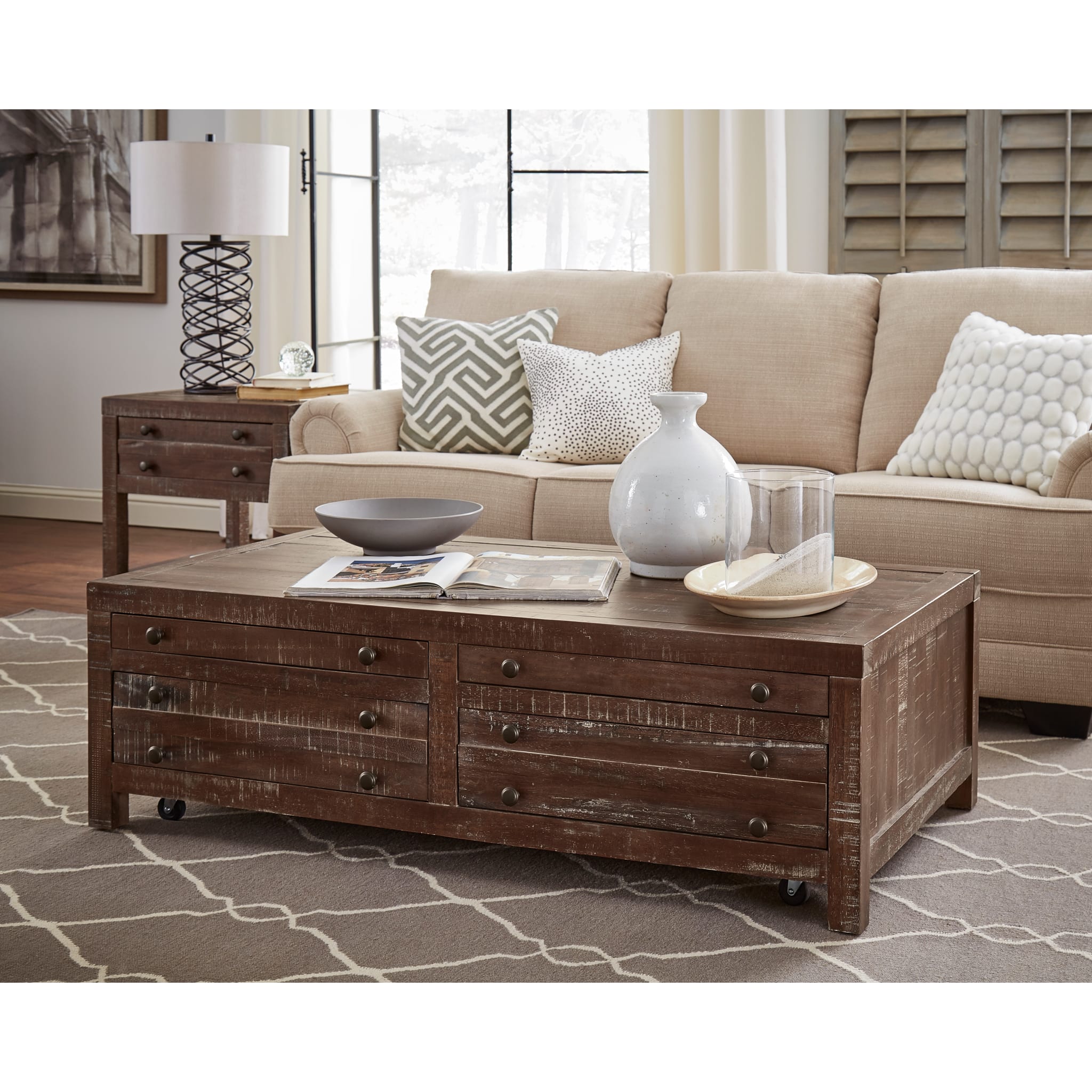 Townsend Solid Wood Castered Coffee Table in Java Finish - Rustic Living Room Furniture with Wheels for Easy Mobility