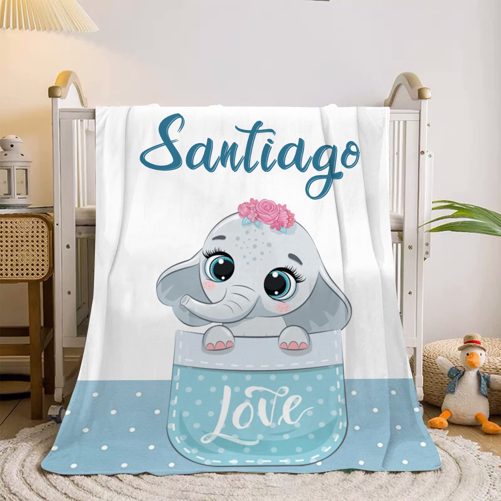 Personalized Baby Blanket with Name - Soft & Warm Custom Baby Blanket for Boys & Girls - Elephant Design Blue Baby Blanket | Perfect for Nursery, Gift, Travel & Photo Shoots