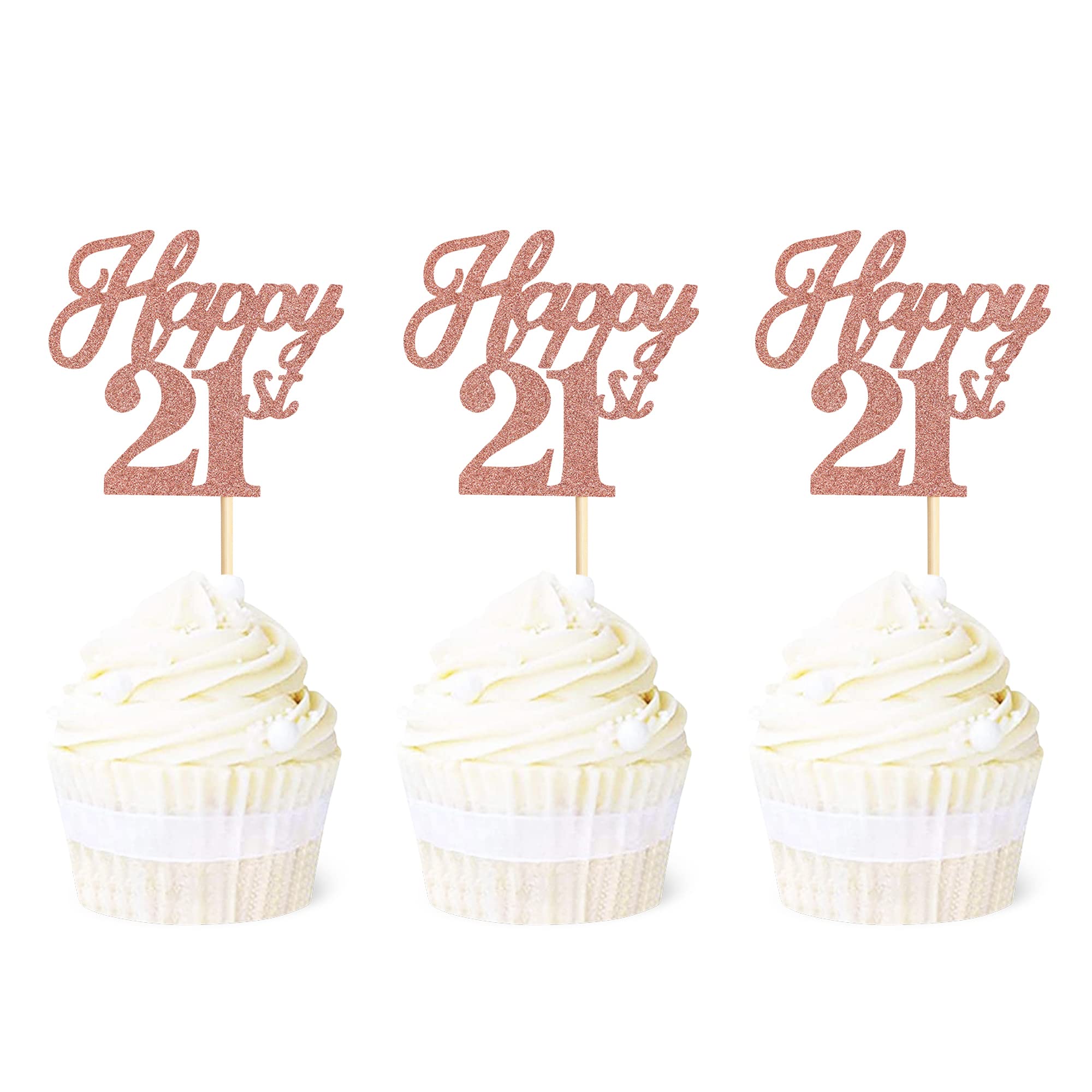 24 Pack Rose Gold Glitter 21st Birthday Cupcake Toppers - Happy 21st Cupcake Picks for Wedding, Anniversary & Party Cake Decorations - Cheers to 21 Cupcake Decor Supplies (Perfect for Milestone Celebrations & Dessert Displays)