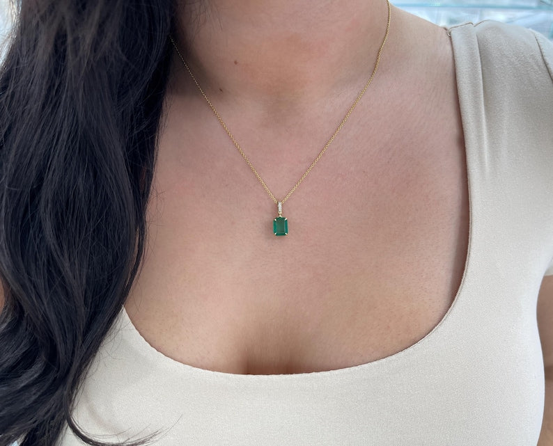 2.16tcw 14K Natural Emerald Cut Emerald & Diamond Accent Pendant Necklace - Lush Dark Green Gemstone Jewelry for Women, Elegant Gift for Anniversary, Birthday & Special Occasions